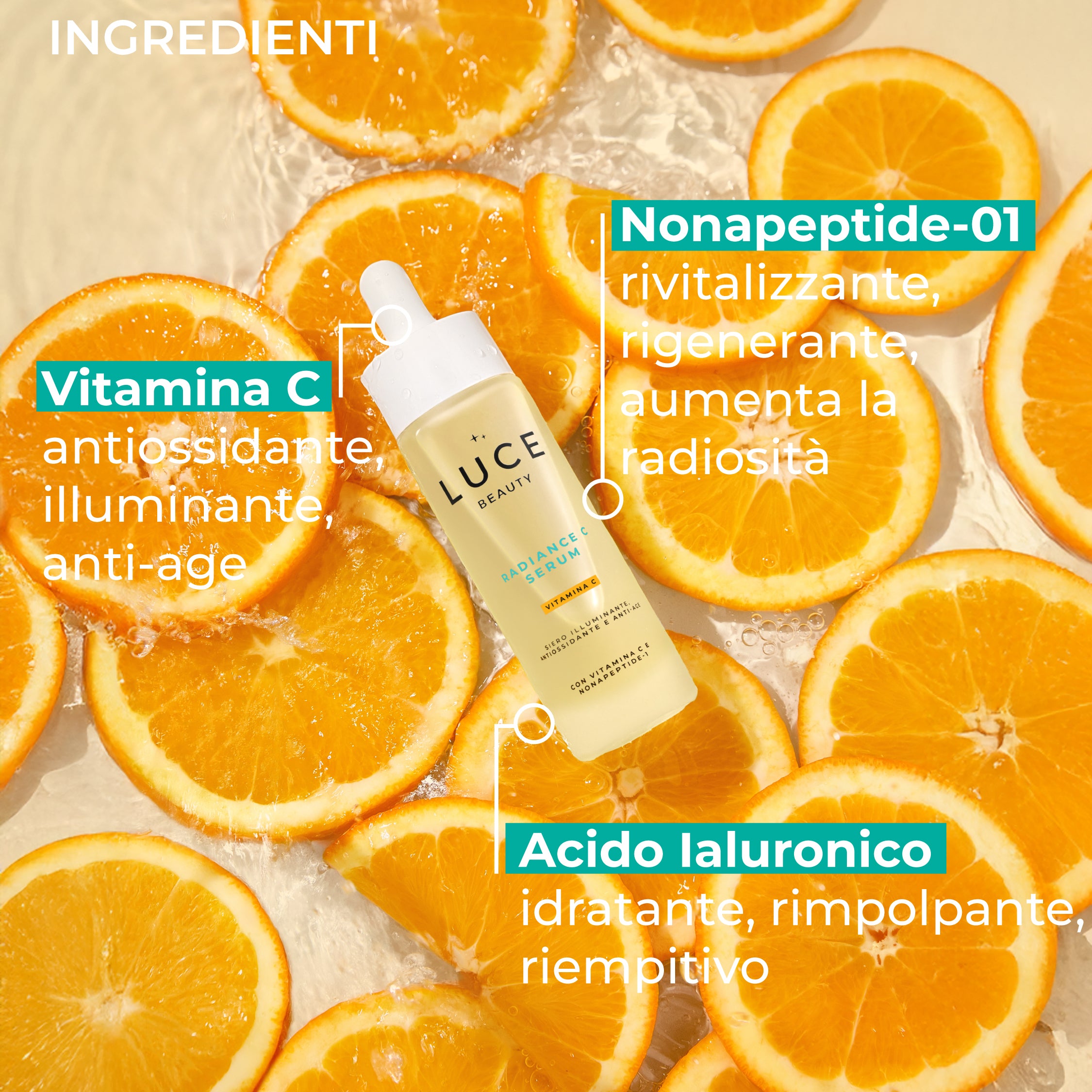 Ingredienti Radiance C Serum con Vitamina C, Nonapeptide01 ed Acido Ialuronico - Luce Beauty
