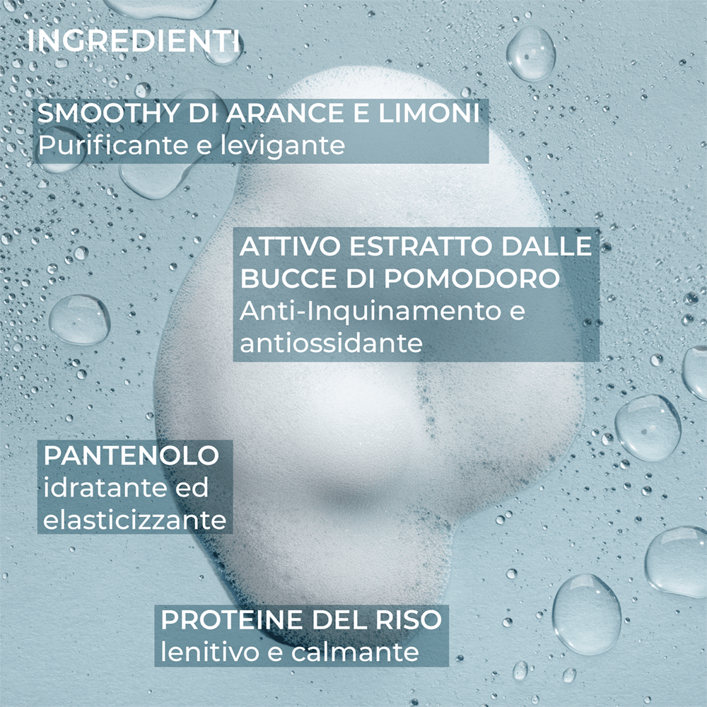 Detergente in schiuma Soft Mousse - Ingredienti - Smoothy di arance e limoni, bucce di pomodoro, pantenolo e proteine del riso - Luce Beauty By Alessia Marcuzzi