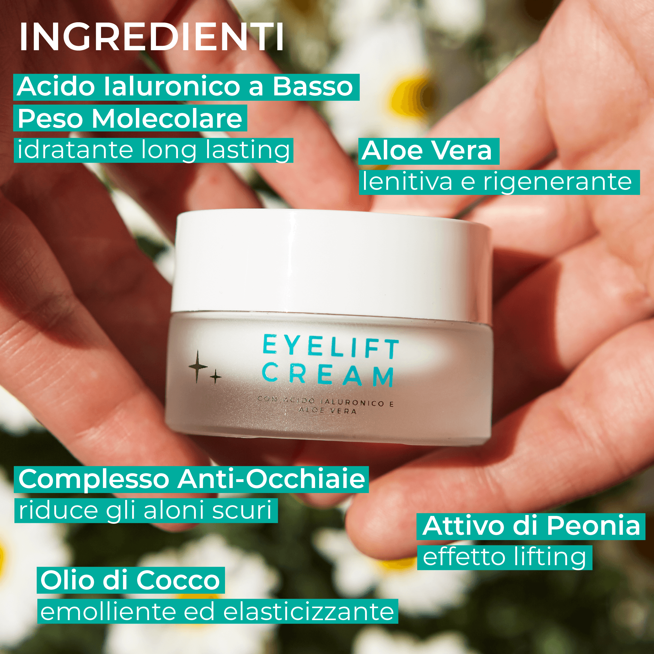 Eyelift cream_Ingredienti-acido ialuronico ad alto e basso peso molecolare, vitamina E, olio di cocco ed attivo di peonia_Luce Beauty By Alessia Marcuzzi
