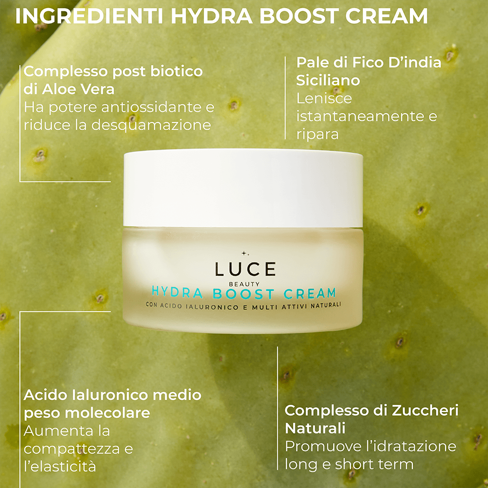 Hydra Boost Cream - Ingredienti - zuccheri, acido ialuronico, pale di fico - made in italy - Luce Beauty by Alessia marcuzzi