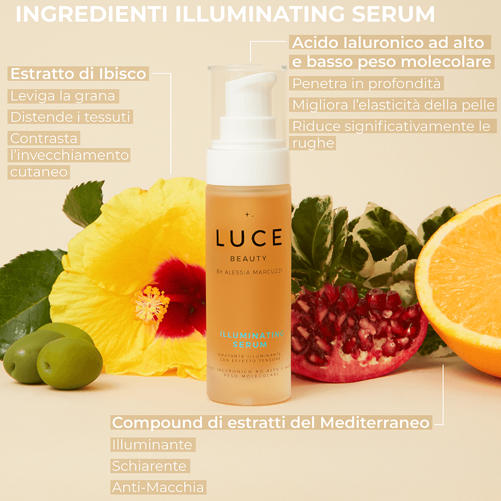 Illuminating Serum - Ingredienti - acido ialuronico ad alto e basso peso molecolare, estratto di ibisco, estratti mediterranei - Luce Beauty by Alessia Marcuzzi