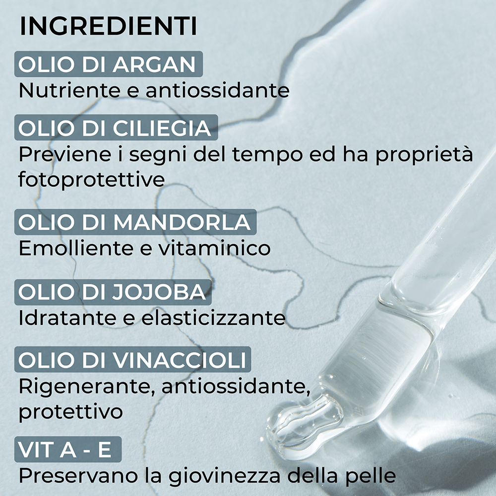 Olio notte ristrutturante e anti age Regenerating Night Oil - Ingredienti - Olio di Argan, Ciliegia, Mandorla, Jojoba e vinaccioli - Luce Beauty By Alessia marcuzzi
