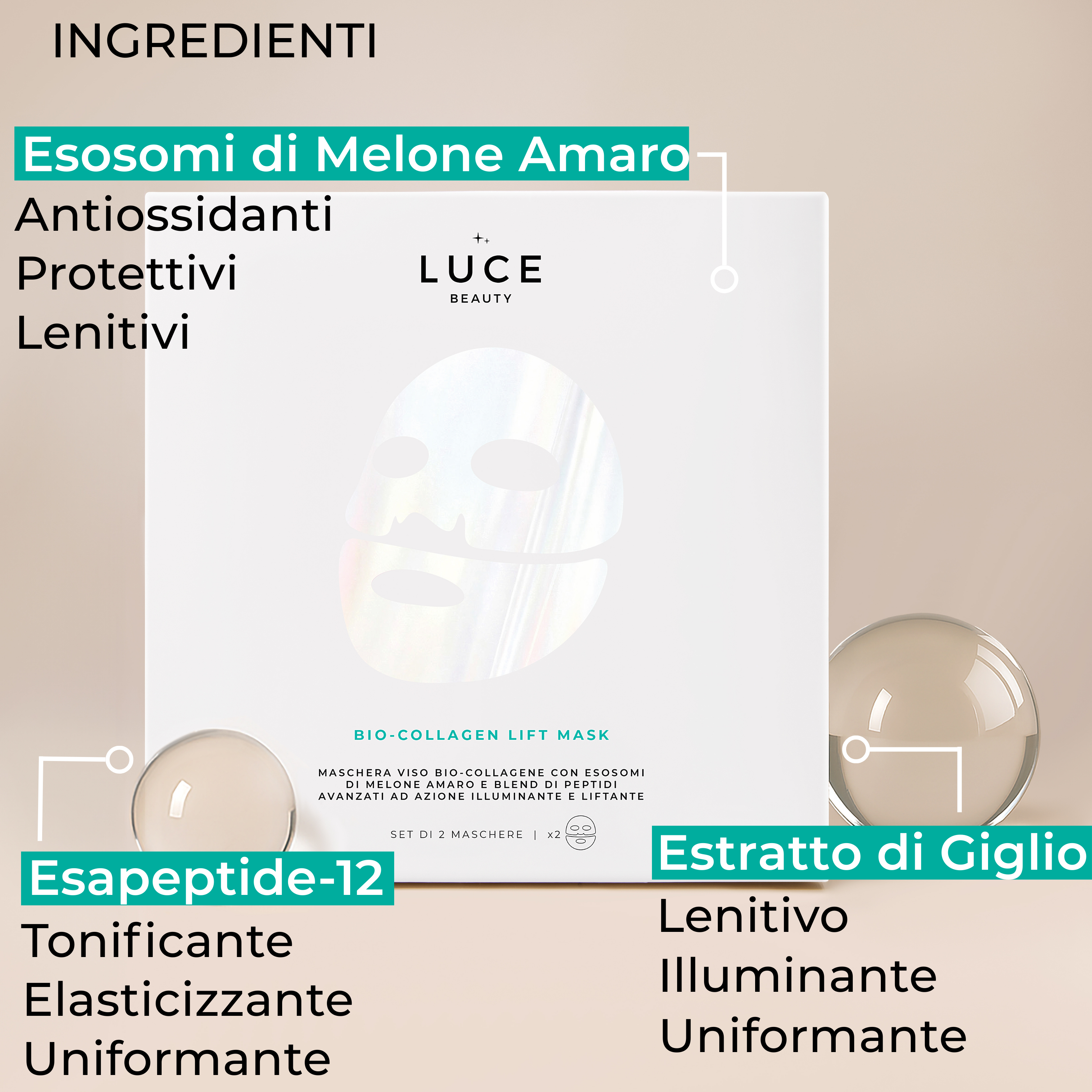 Bio-collagen-lift-mask_Ingredienti_esosomi-melone-amaro-esapeptide-estratto-giglio_LuceBeautyByAlessiaMarcuzzi