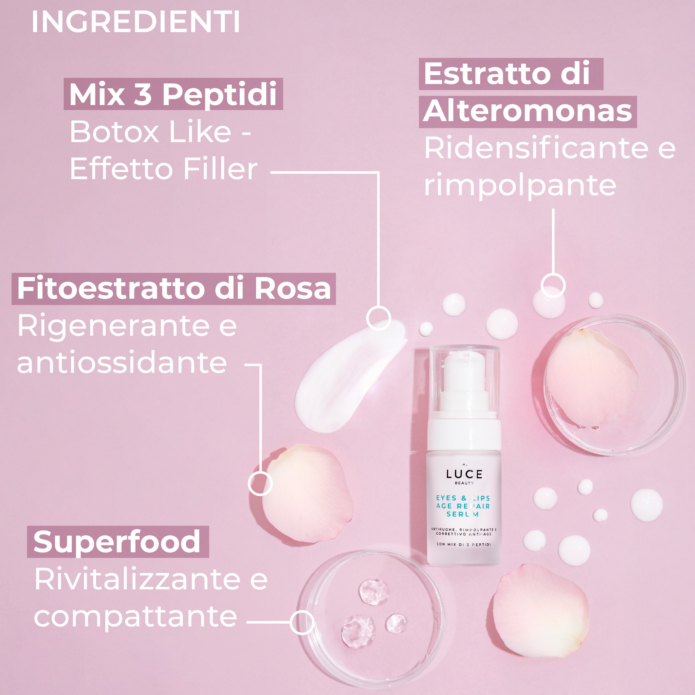 Eyes & Lips Age Repair Serum - Ingredienti - peptidi, fitoestratto di rosa, estratto di altermonas - made in italy - Luce Beauty by Alessia marcuzzi