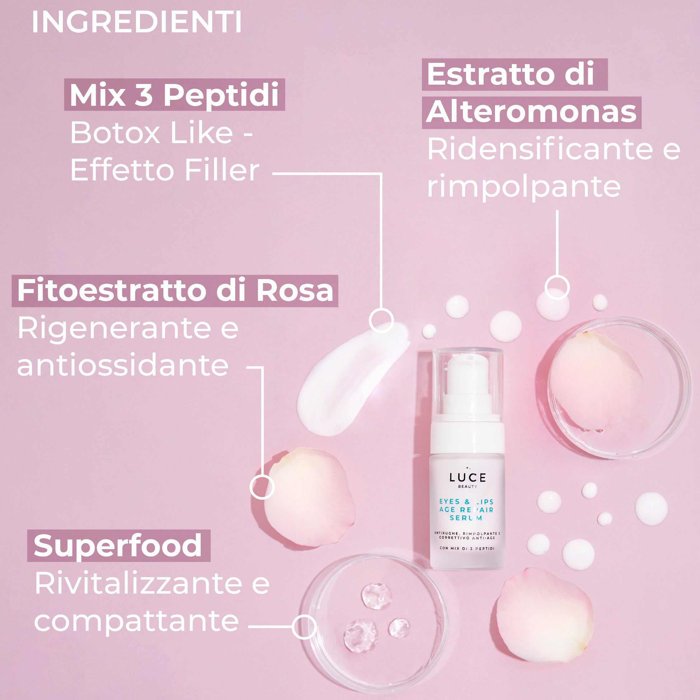 Eyes &amp; Lips Age Repair Serum - Ingredienti - peptidi, fitoestratto di rosa, estratto di altermonas - made in italy - Luce Beauty by Alessia marcuzzi