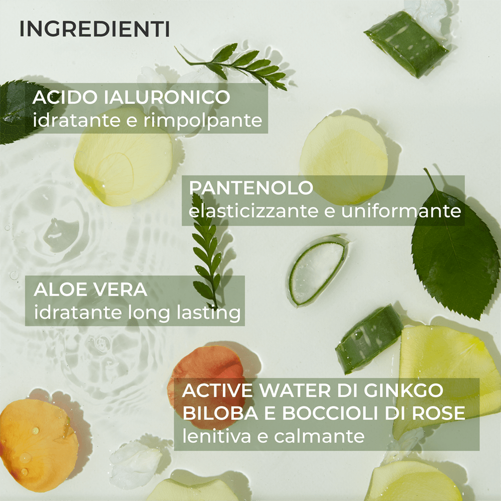 Lozione tonica, lenitiva e idratante - ingredienti - acido ialuronico, pantenolo, aloe vera, ginko biloba e rosa - Luce Beauty By Alessia Marcuzzi