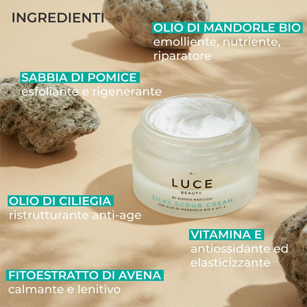 Scrub viso delicato - Silky Scrub Cream - Ingredienti - Olio di mandorla bio, sabbia di pomice, olio di ciliegia, vitamina e, avena - Luce Beauty By Alessia Marcuzzi 