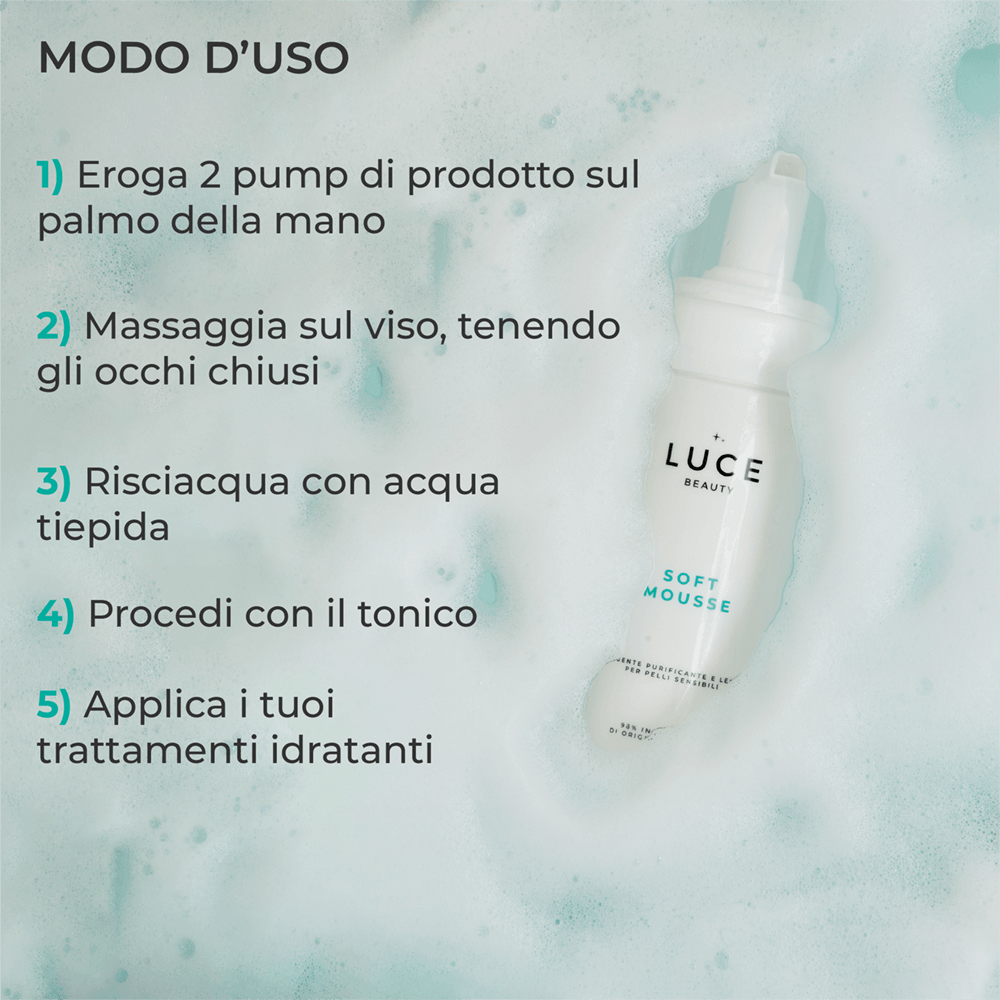 Detergente in schiuma - Soft Mousse -Modo d'uso - Luce Beauty By Alessia Marcuzzi 