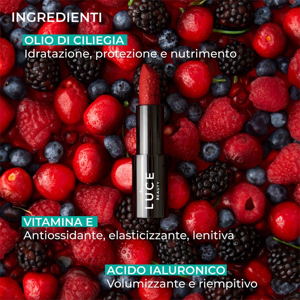 Rossetto ciliegia idratante_Ingredienti - olio di ciliegia, vitamina E e acido Ialuronico - Luce Beauty By Alessia Marcuzzi