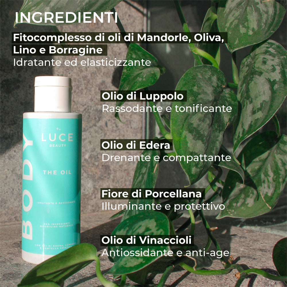 Olio corpo idratante e rassodante - The Oil - Ingredienti borraggine, olio di luppolo, edera, vinaccioli - Luce Beauty By Alessia Marcuzzi