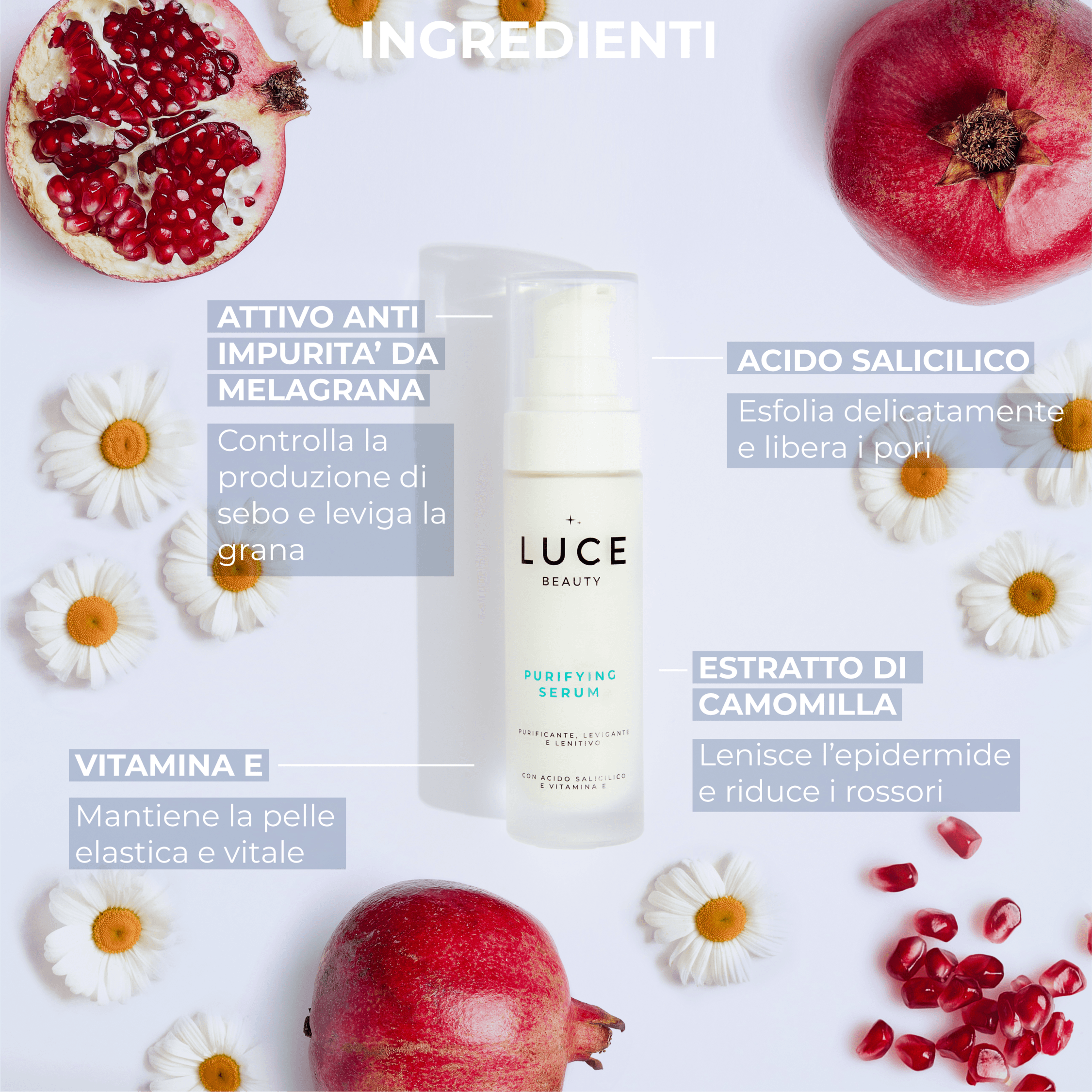 Purifying Serum - Siero Anti impurità ed anti imperfezioni - Pelli impure - Descrizione ingredienti - Luce Beauty By Alessia Marcuzzi